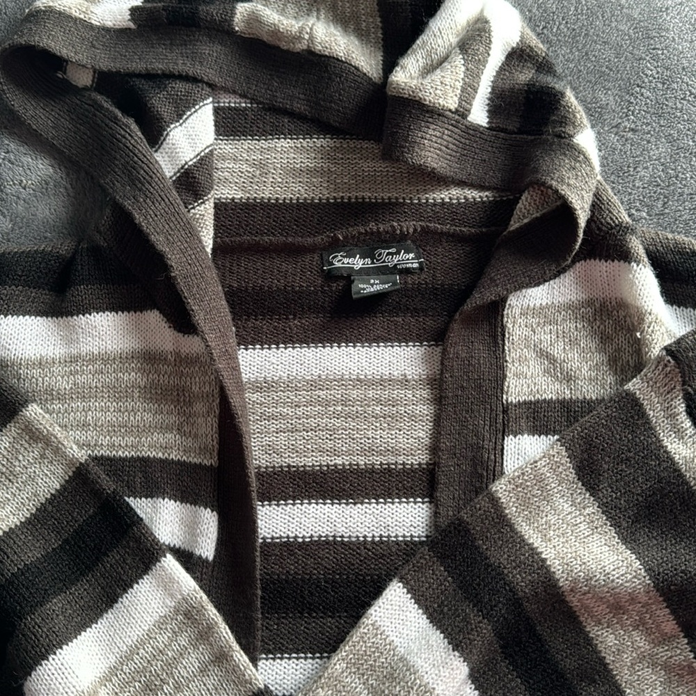 Mid-length neutral striped hooded cardigan